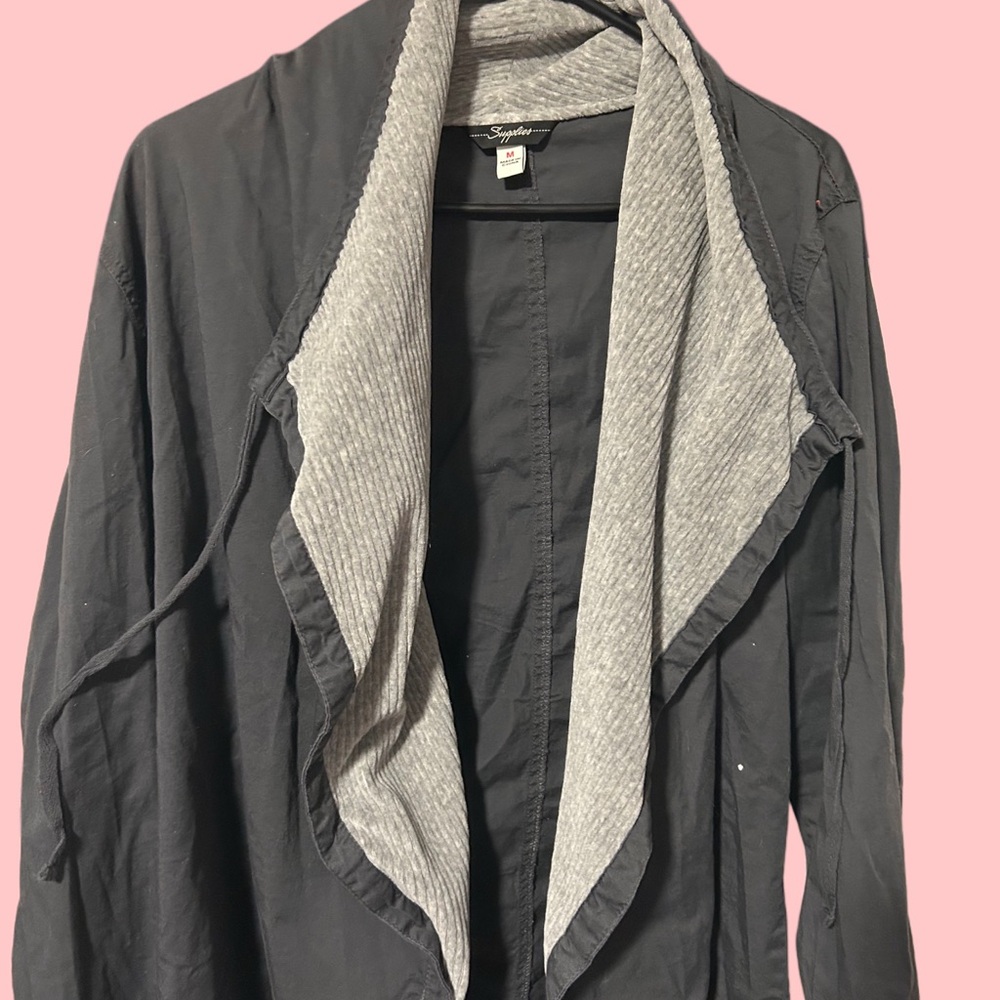 Lightweight Black Trench Coat with Gray Ribbed Shawl Collar - Soho New York